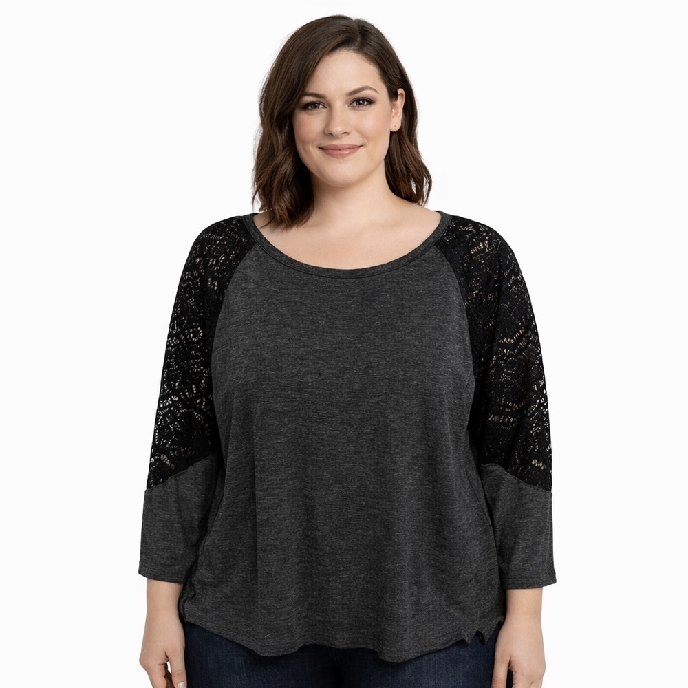 Old Navy Charcoal and Black Knit Top with lace sleeve accents. EUC